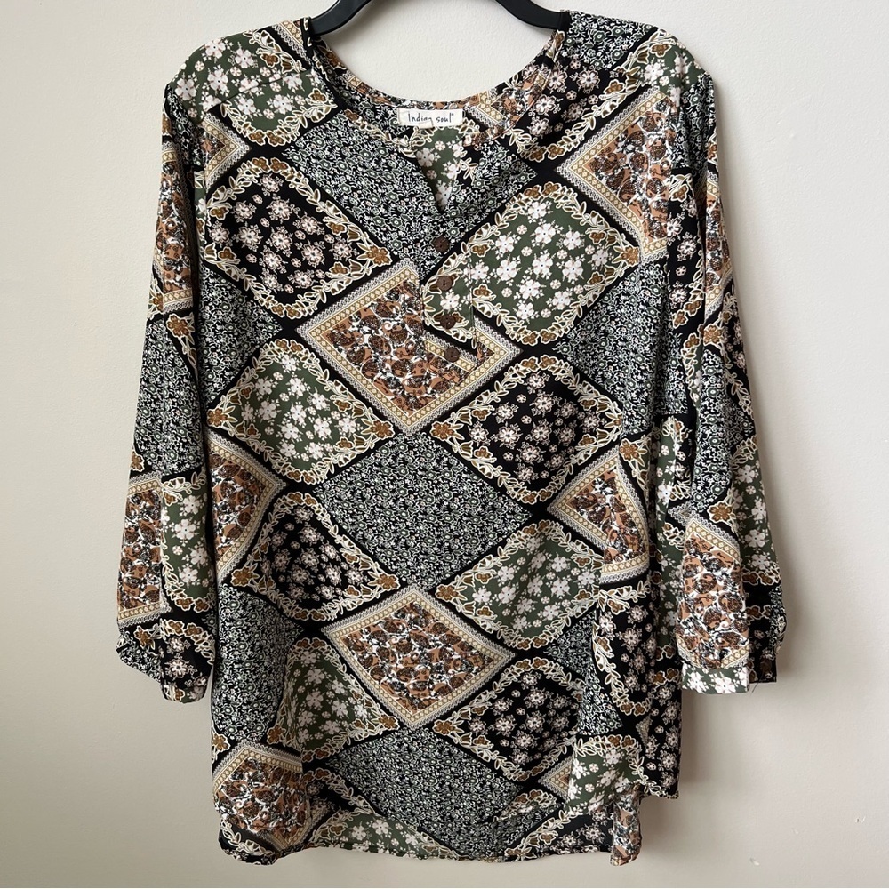 Indigo Soul Floral Tunic Top Flowy Button Front Back Pleat Hippie Boho Multi 2XL